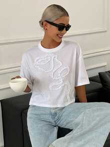 女士休闲褶皱印花宽松短袖露脐圆领T恤，夏季印花T恤 - 白色 - 查看 3