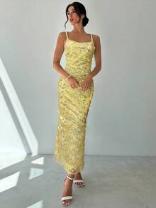 Firerie Women's Elegant Summer Wedding Guest Party Cocktail Dress, Yellow Sequin Embroidered Spaghetti Strap, Fitted Silhouette, Back Slit Hem, Long - Yellow - View 5