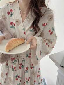 1-Piece Women's Spring/Autumn Korean Style Simple Comfort Bathrobe Pajamas Loose Casual Homewear Quick Absorbent Bathrobe Suitable For Hot Spring Couple Bathrobes - Cherry Bear - View 4