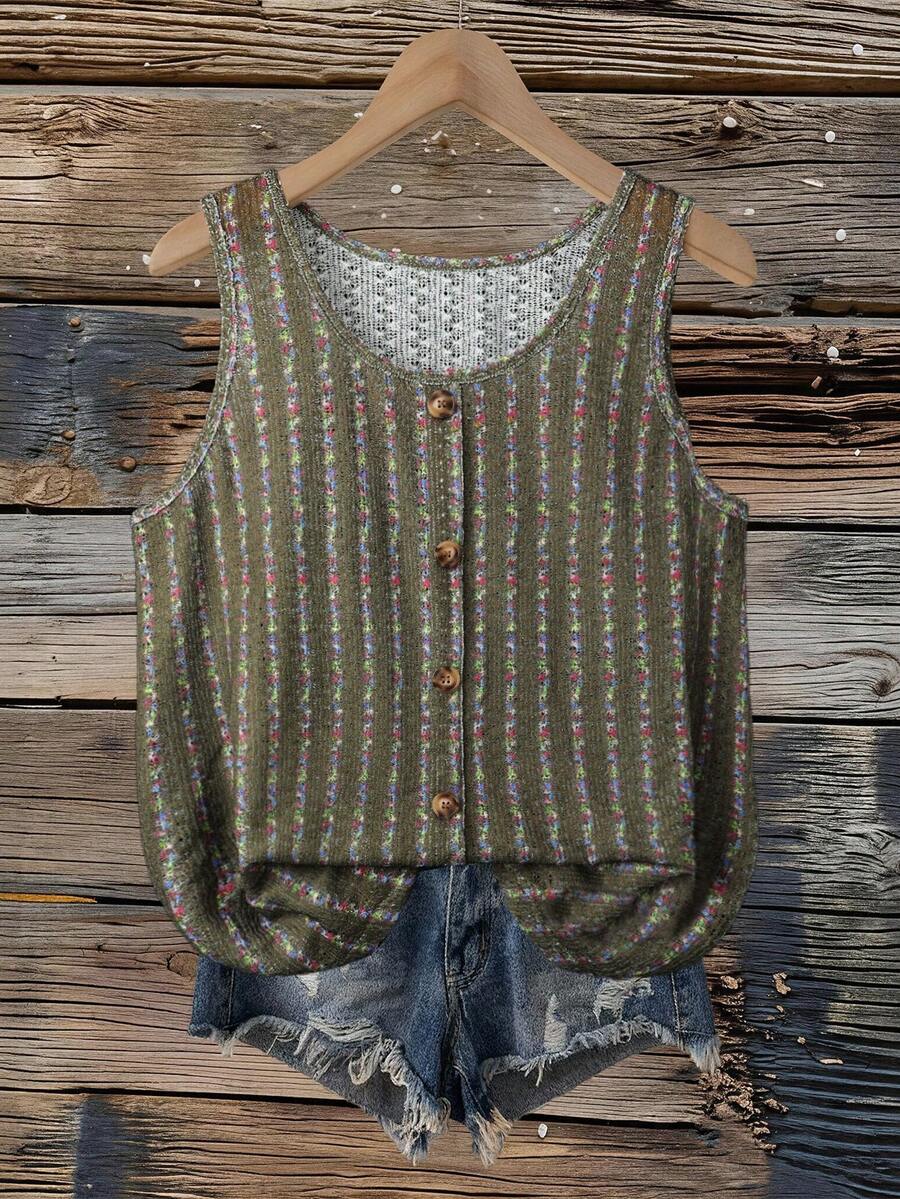 SHEIN VCAY Áo camisole không tay kiểu Bohemian khoét rỗng bằng móc len, áo vest dệt kim rộng rãi, đa năng, thích hợp cho kỳ nghỉ. - Nhiều màu - Xem 1