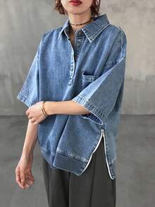 Blusa vaquera de mujer con bolsillo, hombros caídos y botones a media abertura, suelta para el verano - Azul - Ver 5