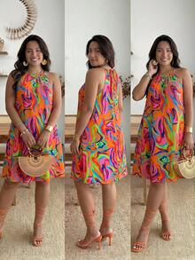 Maweii Jennifer_samantha_style Plus Size All-Over Print Halter Neck Sleeveless Casual Vacation Dress, Summer, For Apple Rounded Body Shape - Multicolor - View 4