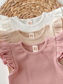 Cozy Pixies 3pcs Baby Girl Solid Color Soft Knit Crew Neck Short Sleeve Top Set - Multicolor - View 4