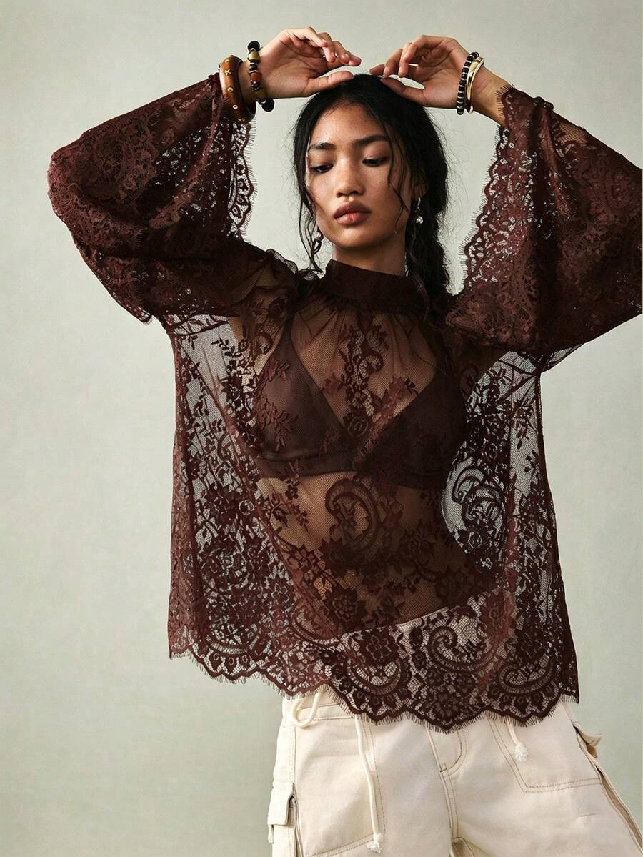 SoleilVie Top elegante de mujer con cuello mandarín y mangas raglán - Café integral - Ver 1