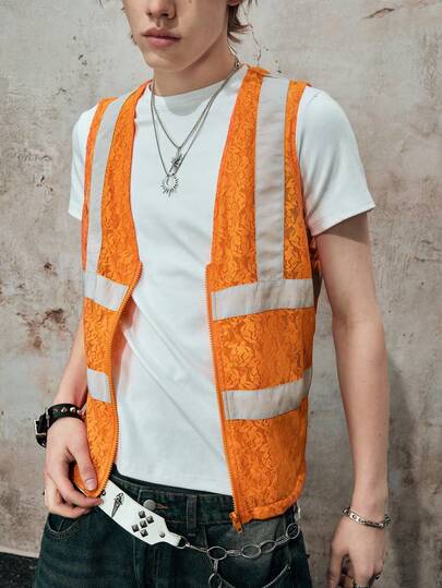 ROMWE MEN Street Life Men's Contrast Color Lace Patchwork Front Zipper Vest