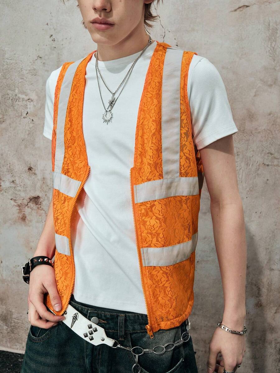 ROMWE MEN Street Life Men's Contrast Color Lace Patchwork Front Zipper Vest - Multicolor - View 1