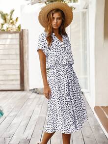 EMERY ROSE Button V-Neck Cinched Waist Short Sleeve Dress - Navy Blue - View 3