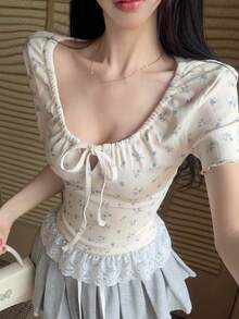 DAZY Summer New Bow Decor Fitted Women T-Shirt, Suitable For Dates Going Out Tops - White - View 7