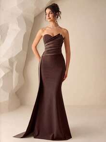 Coutiva Elegant Solid Color Strapless Mermaid Bridesmaid Dress - Brown - View 6