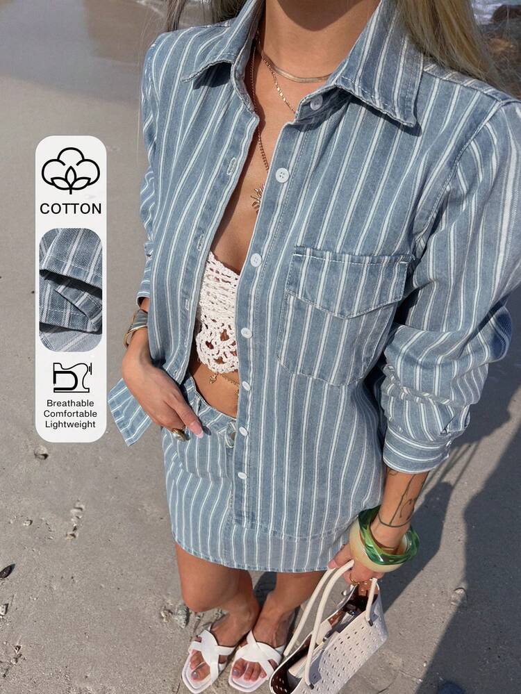 Women's Casual Striped Shirt And Denim Skirt 2-Piece Set, Suitable For Spring And Summer