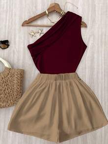 EMERY ROSE Women's Casual Pleated Sleeveless Top And Pleated Shorts Set, Suitable For Work And Leisure, Summer - Khaki - View 2
