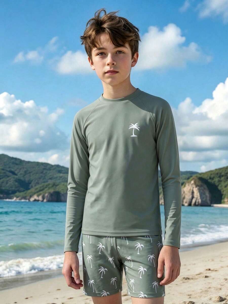 SHEIN 2件套幼儿/小男孩热带假日风格印花泳衣 - 短袖上衣+短裤,适合度假和泳池玩耍 - 橄欖綠 - 查看 1