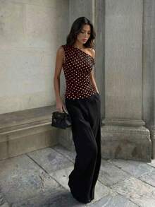 Firerie Blusa asimétrica elegante con pliegues, blusa retro de lunares, adecuada para vacaciones, salidas casuales, viajes vintage - Marrón - Ver 7