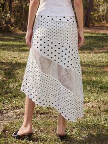 ROMWE Casual Versatile Romantic Black & White Polka Dot Lace Patchwork Asymmetrical Hem Skirt - Black and White - View 4