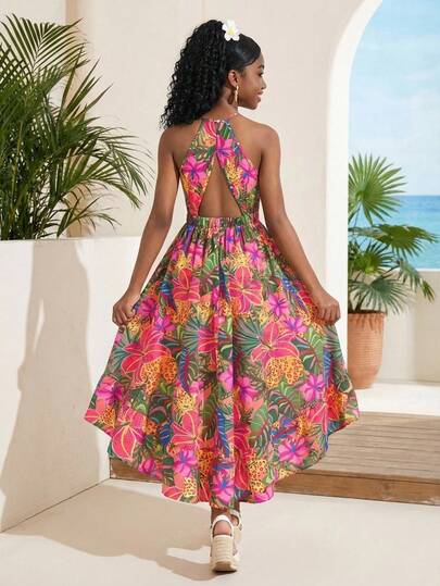 SHEIN 少女热带植物印花无袖露背雪纺连衣裙，优雅简约风格，适合春夏度假休闲穿着