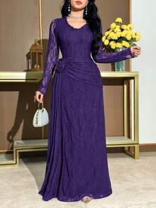 Modelyn Women's Elegant Solid Color Frill Trim Round Neck Long Sleeve Dress - Purple - View 6