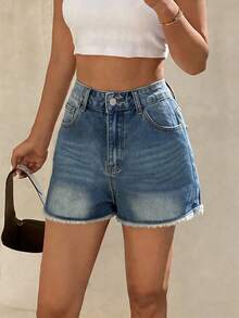 DAZY Short en jean décontracté à jambe droite avec ourlet effiloché et imprimé graphique pour femmes, shorts d'été - Bleu azur - Voir 5