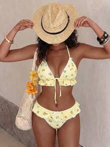 Swim Mod Women's Summer Beach Vacation Vacation Textured Fabric Printed Sweet Ruffle Bow Decor Halter Backless Sexy Tropical Bikini Set Butter Yellow - Pale Yellow - View 1