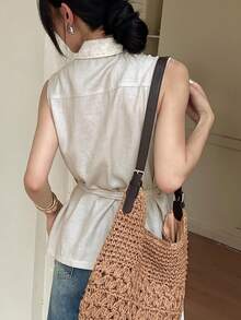 DAZY 女款純色無袖翻領繫帶優雅基本款正式夏季上衣背心 商務休閒 白色 適合游泳、學校、度假 - 杏色 - 查看 2