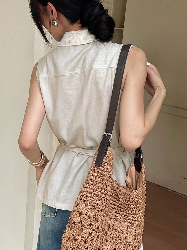 Women's Solid Color Sleeveless Collared Belted Elegant Formal Summer Top Vest