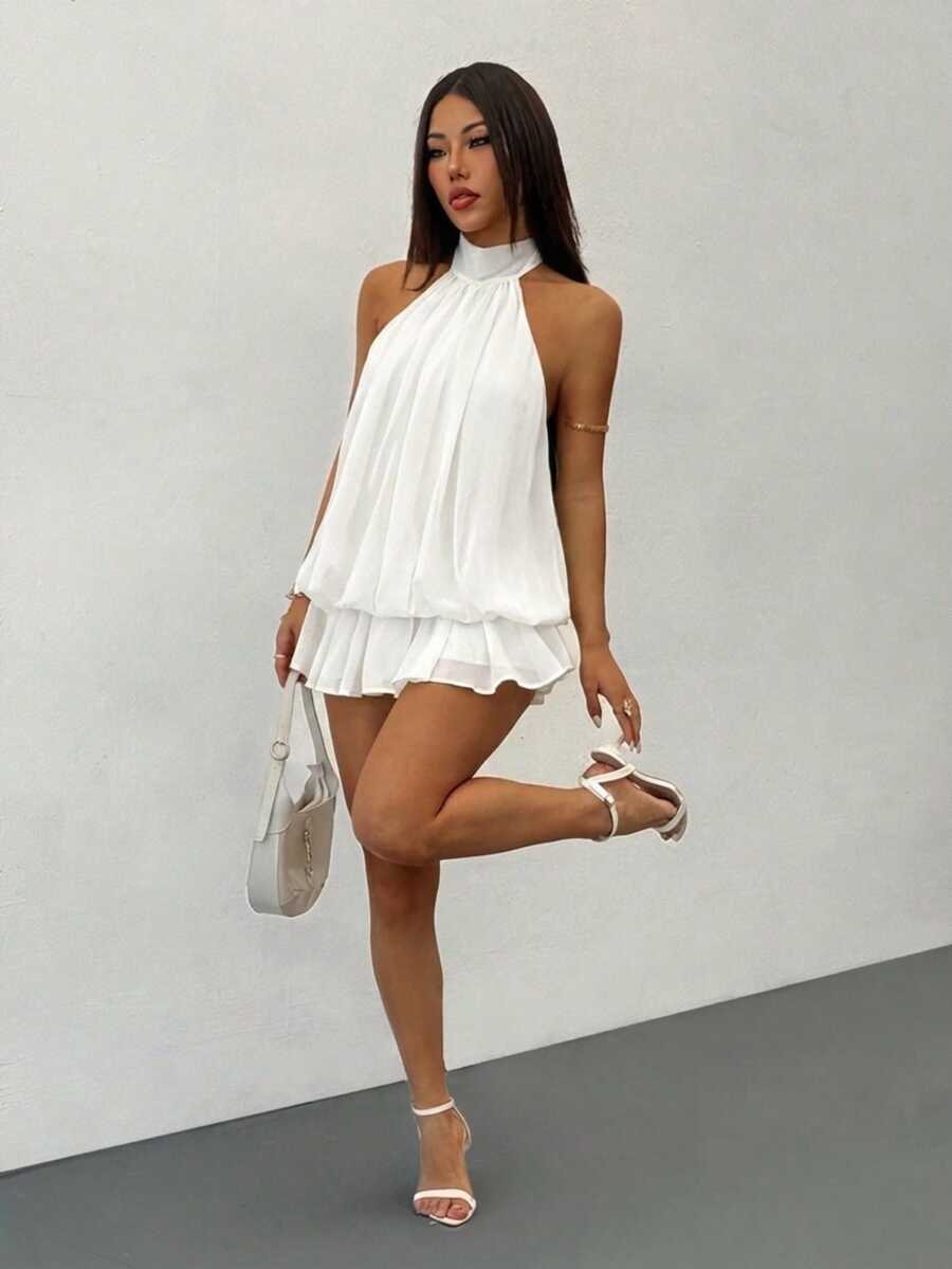 SHEIN PETITE 優雅無袖繫帶領迷你洋裝 淡黃色,適合派對、約會、秋冬與春夏,女款夏季洋裝,適合嬌小女性 - 白色 - 查看 1