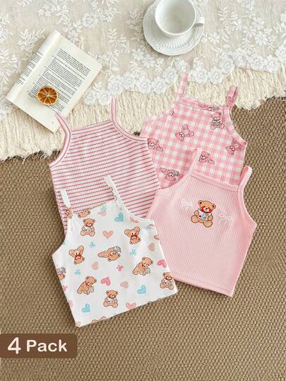 SHEIN 4pcs/Set Cute Bear Print Comfortable Versatile Tops For Baby Girls, Spring/Summer