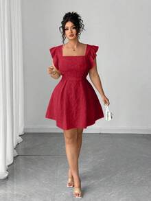 Elenzga Plus Size Solid Color Square Neck Jacquard Frill Trim Elegant Dress - Burgundy - View 4