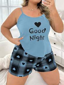 Heart Plaid Print Camisole & Shorts Pajama Set - Blue - View 6