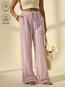SHEIN Tall Women's Holiday Casual Striped Wide Leg Pants Pink Striped Pants, Tall Women - Multicolor - View 4