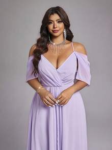 Viva Relle Vestido de gasa con hombros descubiertos y cintura fruncida en color púrpura claro para mujer talla grande, atuendo de dama de honor para boda de primavera/verano - Púrpura malva - Ver 8