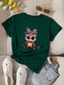 EMERY ROSE Plus Size Cat Owl Print T-Shirt, Cute Graphic Design, Casual Crew Neck Plus Size Tee, Suitable For Outdoor, Shopping - Green - View 1