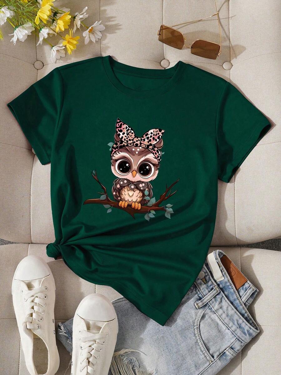 EMERY ROSE Plus Size Cat Owl Print T-Shirt, Cute Graphic Design, Casual Crew Neck Plus Size Tee, Suitable For Outdoor, Shopping - Green - View 1