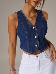 SHEIN PETITE Chaqueta corta de mezclilla de mujer con cuello en V sólido y sin mangas, ajustada, de moda para el verano - Azul - Ver 3