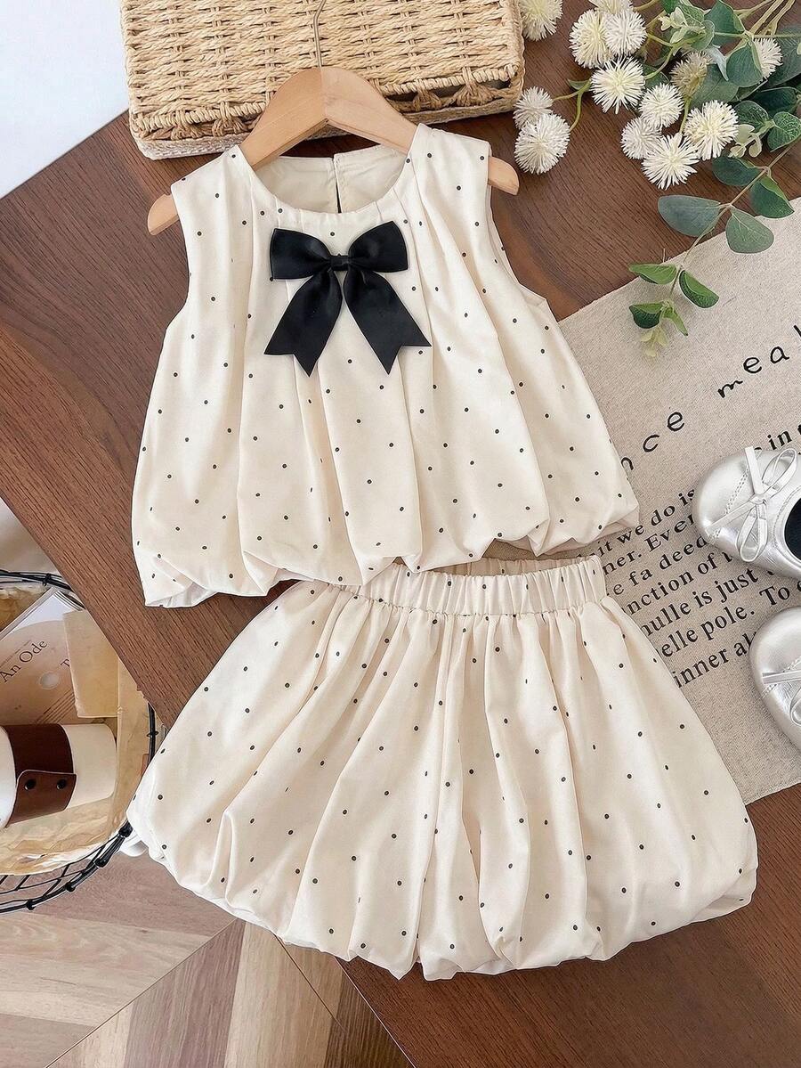 SHEIN Genkimix Kids Genkimix 女童蝴蝶结装饰休闲无袖上衣 + 纯色休闲短裤两件套 - 杏色 - 查看 1