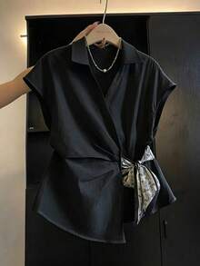 SHEIN Franclia 女士时尚优雅不对称下摆蝴蝶结衬衫 - 黑色 - 查看 4