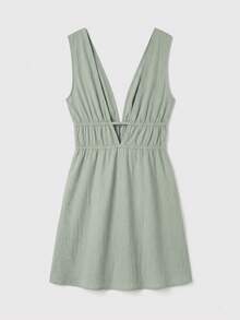 lacRébo Sage Green Summer Chic Brunch Vacation Mini Dress,Tie Details Deep V Neck Boho Holiday French Parisian Style Casual Dress For Spring - Green - View 8