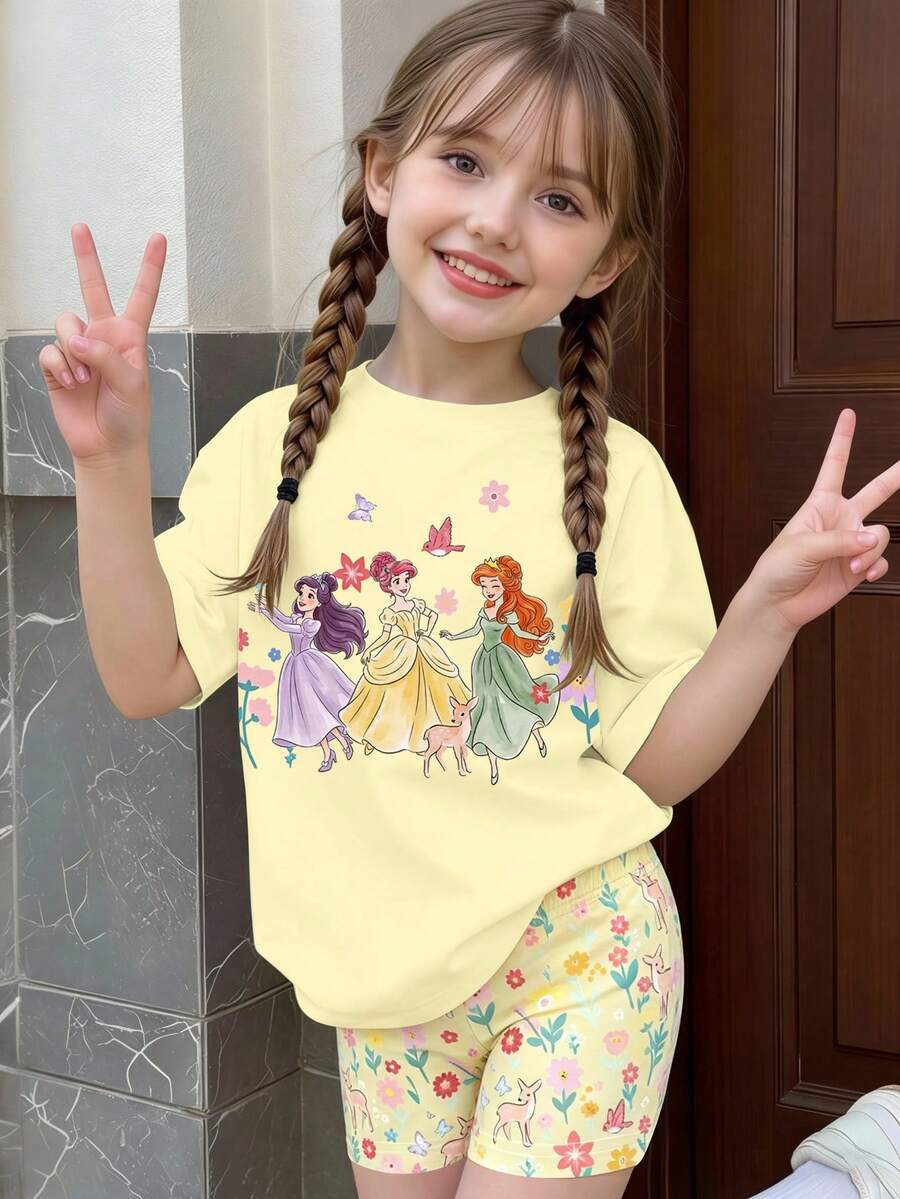 一套女童休闲甜美可爱黄色短袖套装，梦幻公主印花T恤搭配可爱蝴蝶、小鹿、花朵图案短裤，适合夏季外出、度假、上学和节日穿着。 - 彩色 - 查看 1