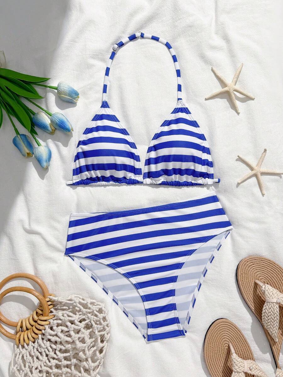 SHEIN Teen Girl Black Bikini 2-Piece Swimwear Set, Fashionable Beachwear For Swimming Party - Blue and White - View 1