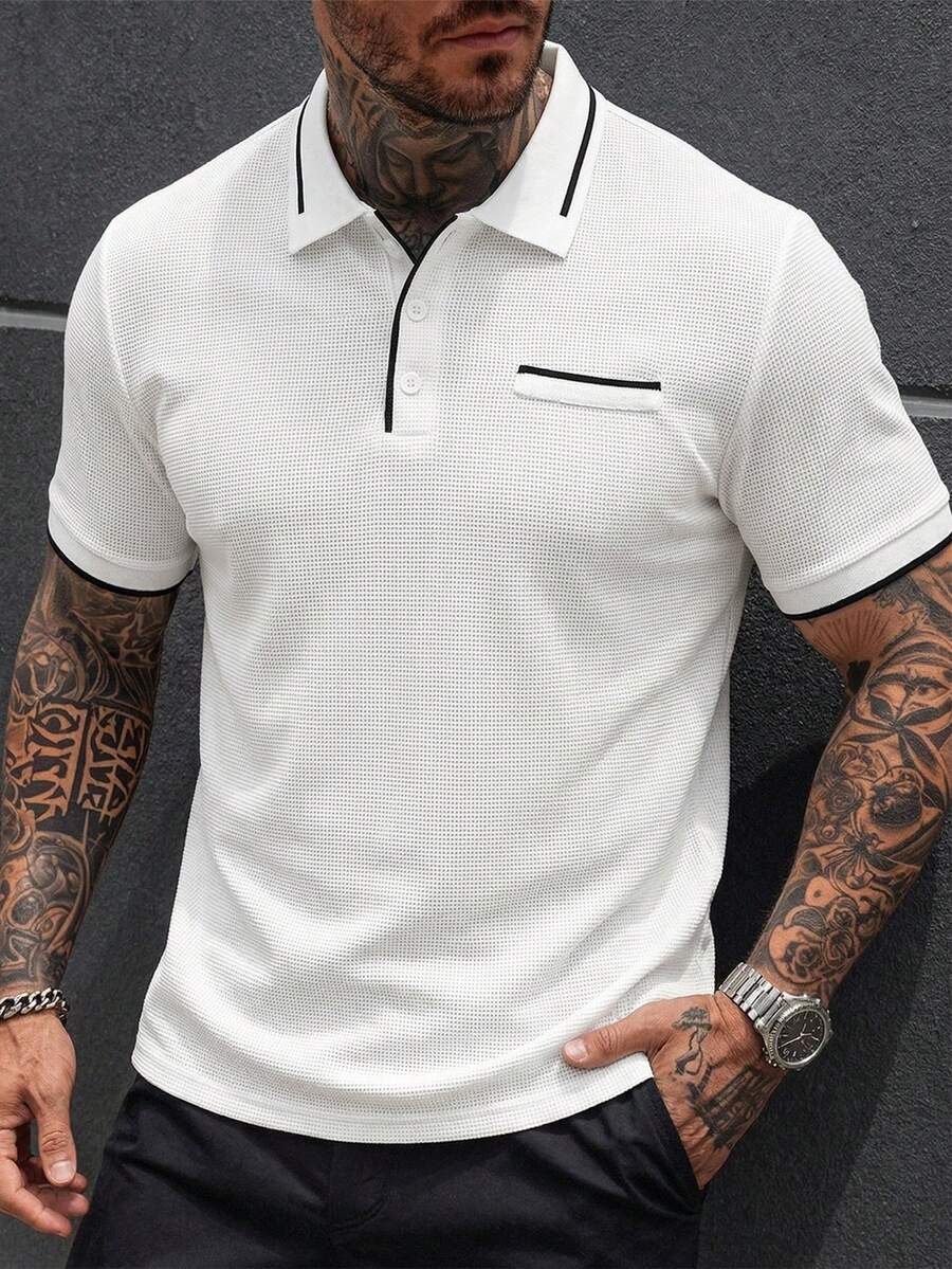 Manfinity Homme Men's Fashionable Casual Retro Short Sleeve Polo Shirt, Essential For Daily Outings, Great Gift For Family And Friends,Football, World Cup - White - View 1