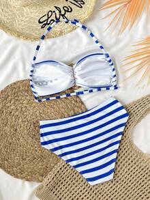 SHEIN 少女比基尼套装，蓝白条纹，时尚休闲，优雅大方，适合游泳、海滩、度假和夏季穿着。 - 藍白色 - 查看 2