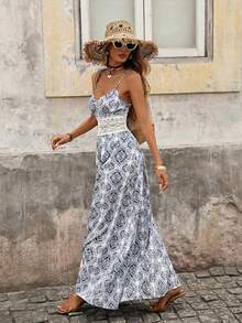 YkhahaYkhahaVivid Eden Vestido de verano de mujer con tirantes finos, sin mangas, con parches de encaje y estampado floral eleganteYkhahaYkhaha - Azul y blanco - Ver 5
