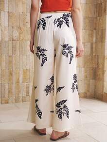 Pantalones de pierna ancha y fluida de cintura alta con estampado floral, estilo vacaciones - Albaricoque - Ver 2