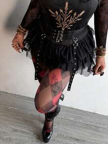 SHEIN PETITE CURVE 朋克性感网眼菱形格纹修身女式打底裤，黑红配色 - 黑色 - 查看 4