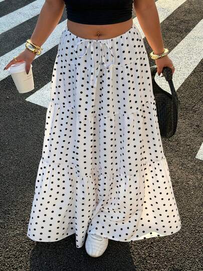 Muchica Plus Size Women Black & White Polka Dot Print Ruffle Hem Skirt