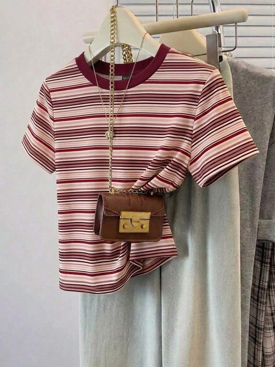 SHEIN Frenchy Áo thun nữ tay ngắn cổ tròn dáng rộng tối giản, áo thun kẻ sọc, trang phục mùa hè cho nữ. - Nhiều màu - Xem 1