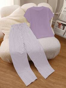 INAWLY Round Neck Embroidered Short Sleeve Top And Striped Print Pants Set, European And American Style - Purple - View 2