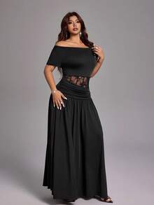 Viva Relle Off-Shoulder Waist Hollow-Out Lace Short Sleeve Waist Cinching Dress - Black - View 4