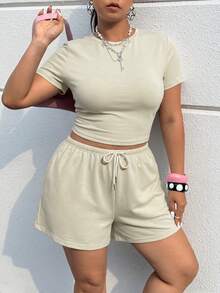Muchica Women's Plus Size Casual Solid Color Round Neck Short Sleeve T-Shirt And Drawstring Waist Versatile Shorts 2-Piece Set - Apricot - View 5