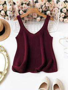 SHEIN Clasi Plus Size Women V-Neck Casual Versatile Solid Color Camisole Knitted Top - Red Violet - View 3