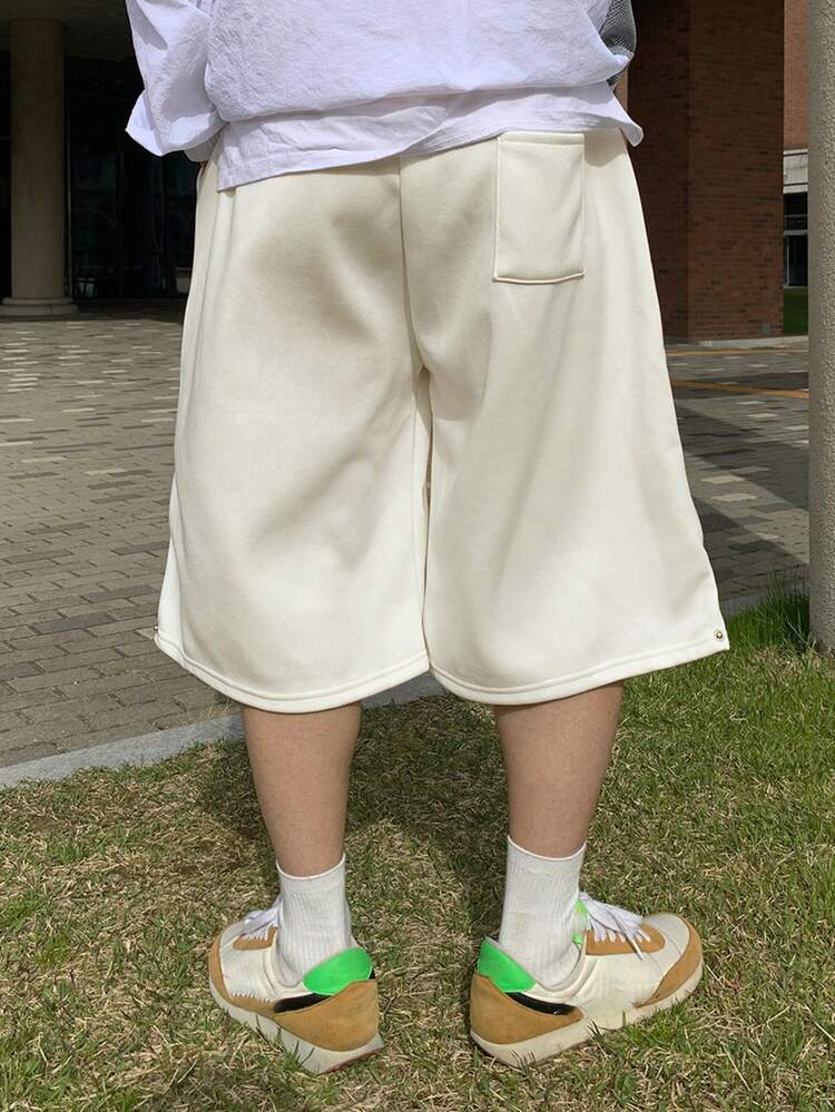 Solid White Elastic Waist Men's Shorts With Button Cuffs